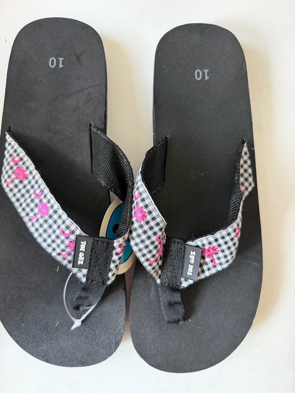 Black Flip Flops with Pink Floral Straps